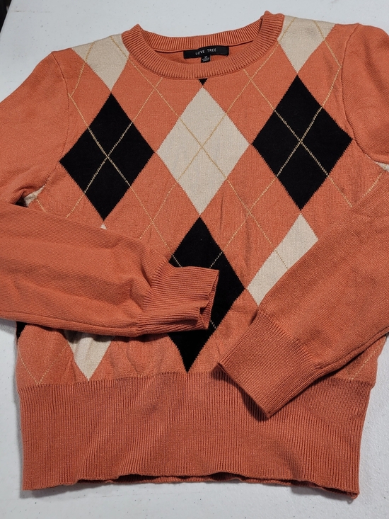 Love Tree Sweaters - Love Tree Orange Argyle Crewneck Sweater with Black and Cream Diamonds